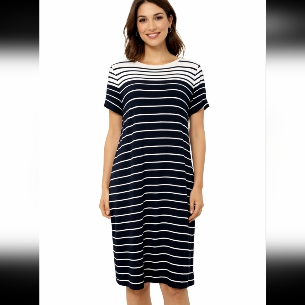 Chico's Black & White Striped Tie Sleeve T-Shirt Shift Dress Size Medium